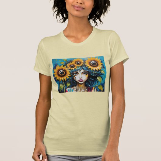 Expressive Girl's Face With Sunflowers T-shirt (Voorkant)