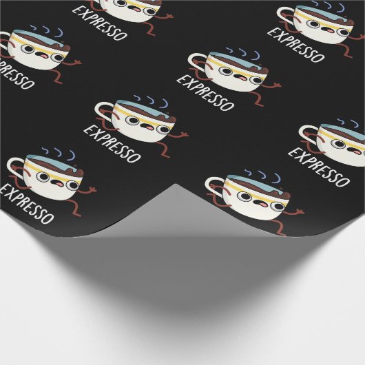 Expresso Funny Running Coffee Pun Dark BG Cadeaupapier (Hoek)