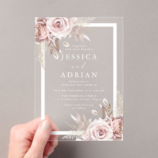 Exquise Blush & Roos Bloemen Lijst bruiloft Acryl Uitnodigingen (Insitu (Draagbaar))