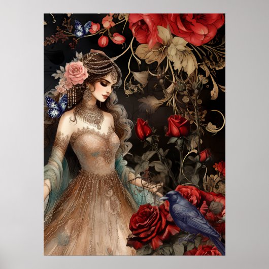 Exquise Donkere Schoonheid Rode Rozen & Raven Poster (Voorkant)