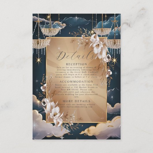 Exquise gouden kroonluchter bloemenbruiloft informatiekaartje (Voorkant)