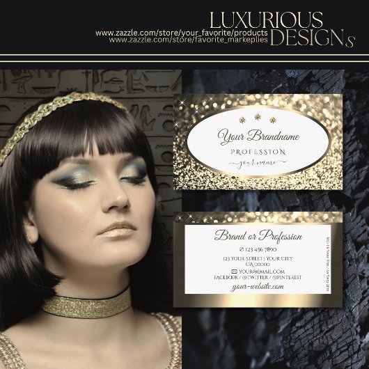 Exquise Gouden Sprankelende Glitter Wit met Juwele Visitekaartje