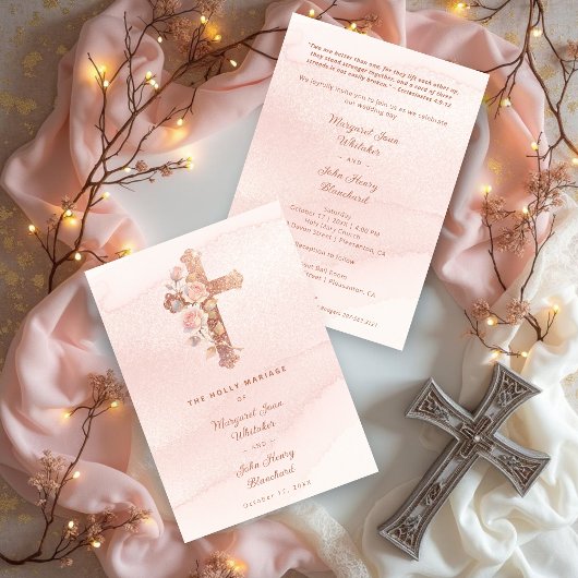 Exquisite Glitter Pink Floral Christian Cross Kaart
