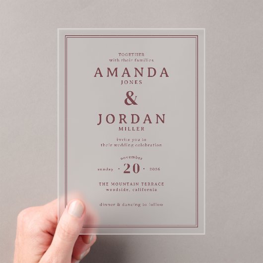 Exquisite Maroon Calligraphy Wedding Invitation Acryl Uitnodigingen (Insitu (Draagbaar))