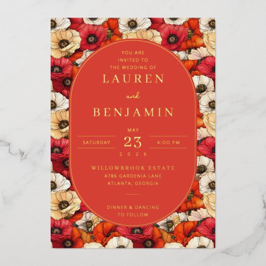 Exquisite Red Floral Wedding Invitation (Recto)