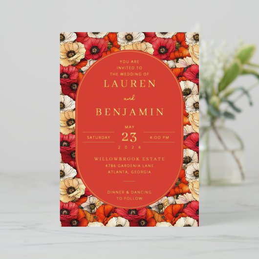 Exquisite Red Floral Wedding Invitation (Debout devant)