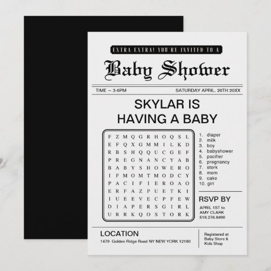 Extra Baby shower Krantenthema Kaart (Voorkant / Achterkant)