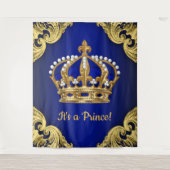 Extra grote koninklijk blauwe gouden prins kroon a wandkleed (Voorkant)