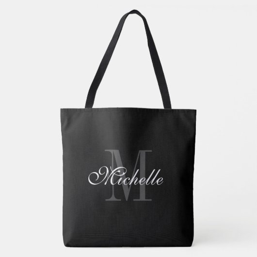Extra grote zwarte canvas tas met een chroommonogr (Voorkant)