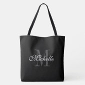 Extra grote zwarte canvas tas met een chroommonogr (Achterkant)