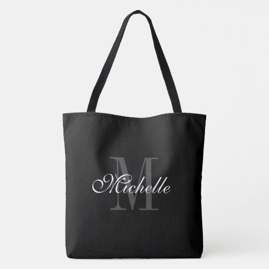 Extra grote zwarte canvas tas met een chroommonogr (Achterkant)