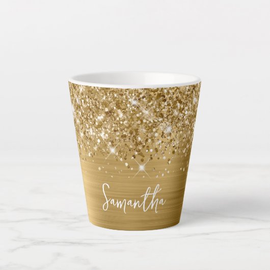 Extra Sparkly Gold Glam Script Name Latte Mok (Voorkant)