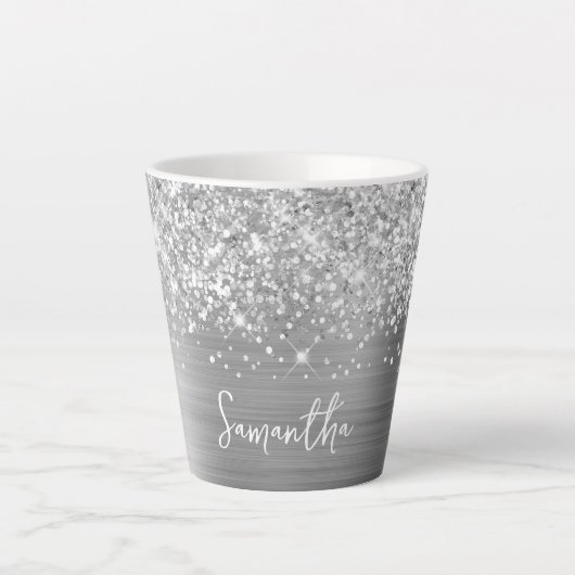 Extra Sparkly Silver Glam Script Name Latte Mok (Voorkant)