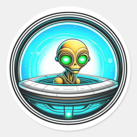 Extra Terrestrial Alien Vliegen in een UFO Ronde Sticker (Voorkant)
