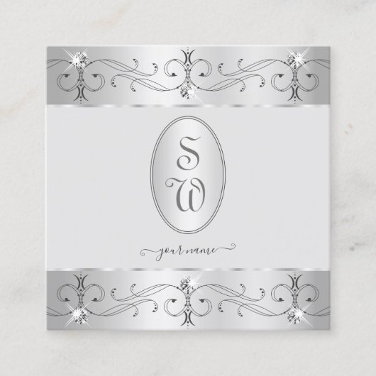 Extravagant Silver Grey  Ornamenten Monogram Vierkante Visitekaartje (Voorkant)