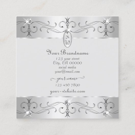 Extravagant Silver Grey Ornamenten Monogram Vierkante Visitekaartje (Achterkant)