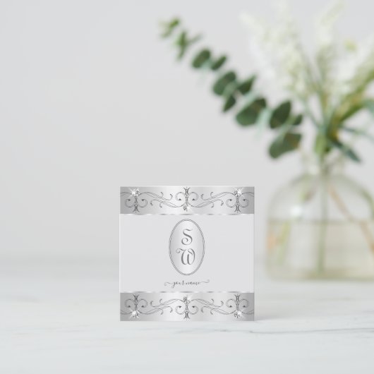 Extravagant Silver Grey  Ornamenten Monogram Vierkante Visitekaartje (Staand voorkant)