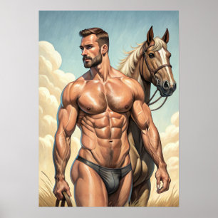 Extreem hete kerel met een paard poster