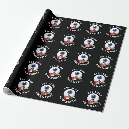 Eye Love Rock and Roll Funny Eyeball Pun Dark BG Cadeaupapier (Uitgerold)