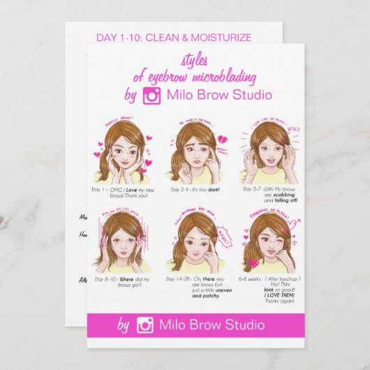 Eyebrow Microblading Aftercare Instruction Pinky Kaart (Voorkant / Achterkant)