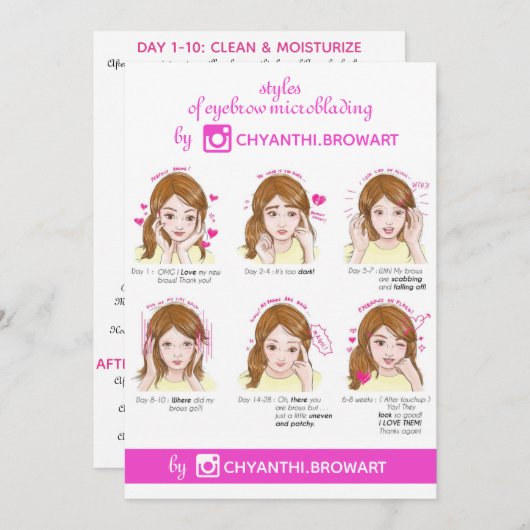 Eyebrow Microblading Aftercare Instruction Roze Kaart (Voorkant / Achterkant)