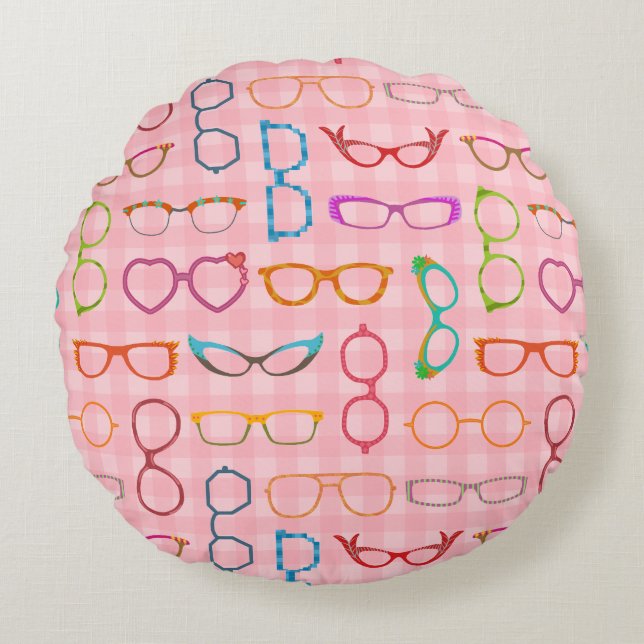 Eyeglasses Retro Modern Hipster met Roze Gingham Rond Kussen (Voorkant)