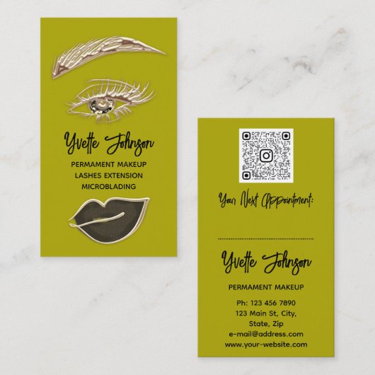 Eyelash Brows Makeup Logo QRCode Lip Gold Mustard Visitekaartje (Voorkant / Achterkant)