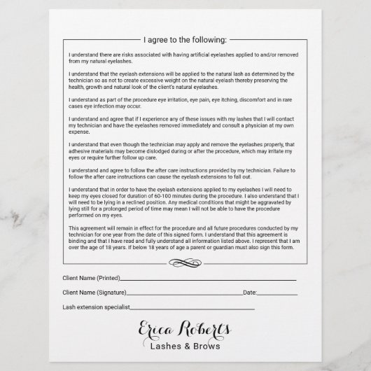 Eyelash Extensions Liability Waiver Release Form 2 Flyer (Achterkant)