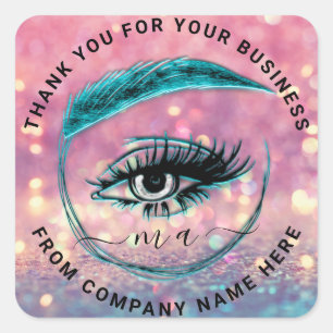 Eyelash Logo NameDankgaffel Blauwgroen Glitter Hol Vierkante Sticker