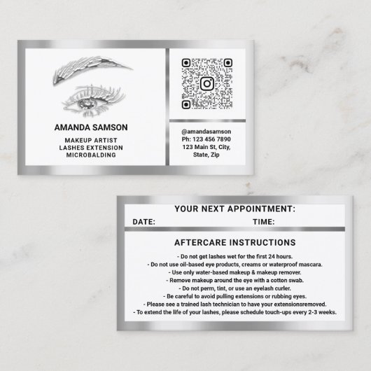 Eyelash-microblade QRCODE Aftercare Silver White Visitekaartje (Voorkant / Achterkant)