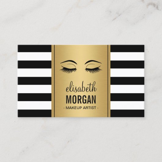 Eyelashes Makeup Logo Gold Black White Stripes Visitekaartje (Voorkant)