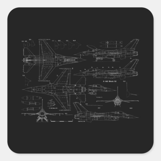 F16 Jet Vliegtuig Fighter Jet Blueprint Design Vierkante Sticker (Voorkant)