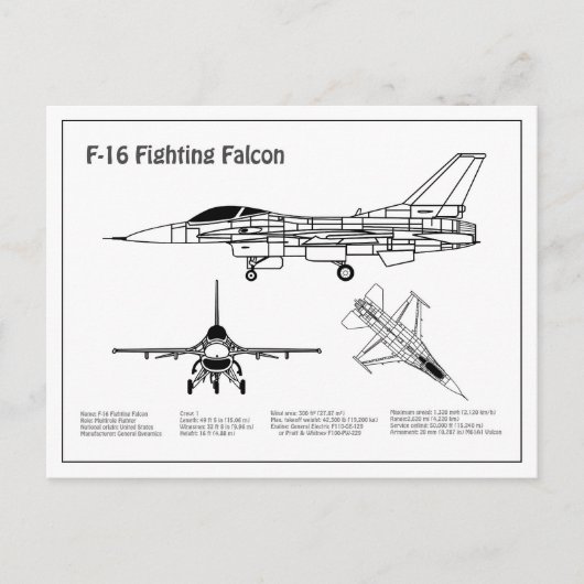 F-16 Fighting Falcon - Vliegtuigblauwdruk Plannen Briefkaart (Voorkant)
