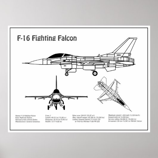 F-16 Fighting Falcon - Vliegtuigblauwdruk Plannen Poster (Voorkant)