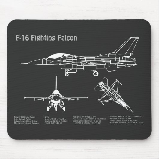 F-16 Fighting Falcon - Vliegtuigblauwdruk Plans PD Muismat (Voorkant)