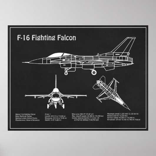 F-16 Fighting Falcon - Vliegtuigblauwdruk Plans PD Poster (Voorkant)