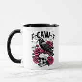 "F-CAW-F" Gothic Crow Skull & Pink Roses Mug (Gauche)