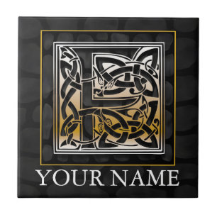 F "Jouw naam" Celtic Black Stone Monogram Tegel Tegeltje