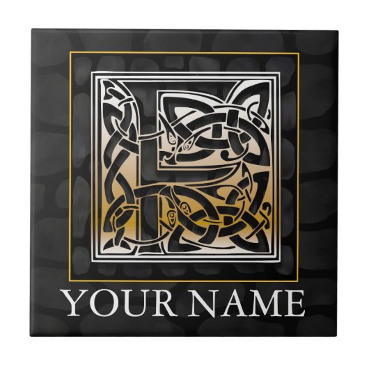 F "Jouw naam" Celtic Black Stone Monogram Tegel Tegeltje (Voorkant)