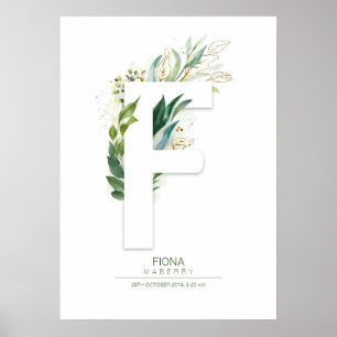 F Letter Monogram Goud Groene Bladeren Chic Poster