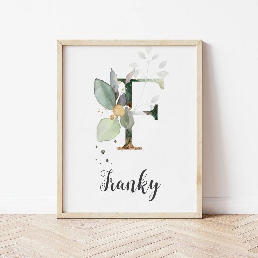 F Letter Monogram Greenery Nursery Naam Muurprint Poster