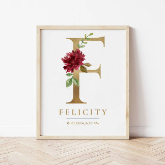 F Letter Monogram Naam Marsala Bloemenkwekerij Poster