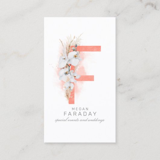 F Letter Monogram White Orchids and Pampas Grass Visitekaartje (Voorkant)