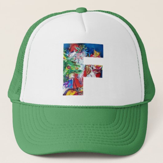 F LETTER / SANTA MET KERSTBOOM MONOGRAM TRUCKER PET (Voorkant)