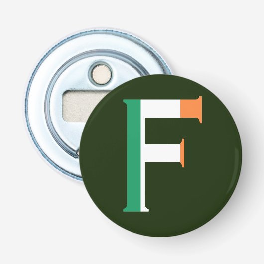 F Monogram overlay op Ierse vlag bot Button Flesopener (Voorkant)