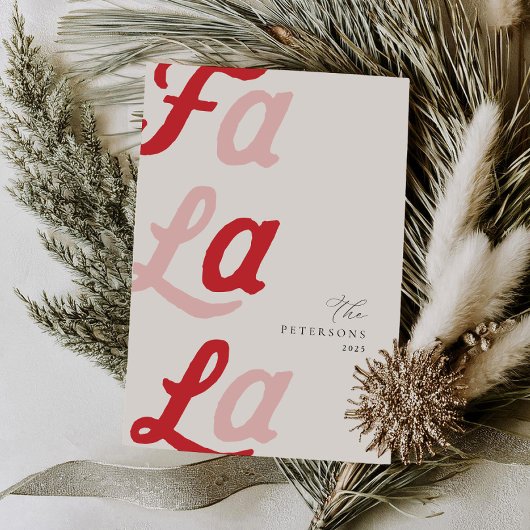 Fa la La Modern Roze & Rode Plaid Familie Kerstmis Feestdagenkaart