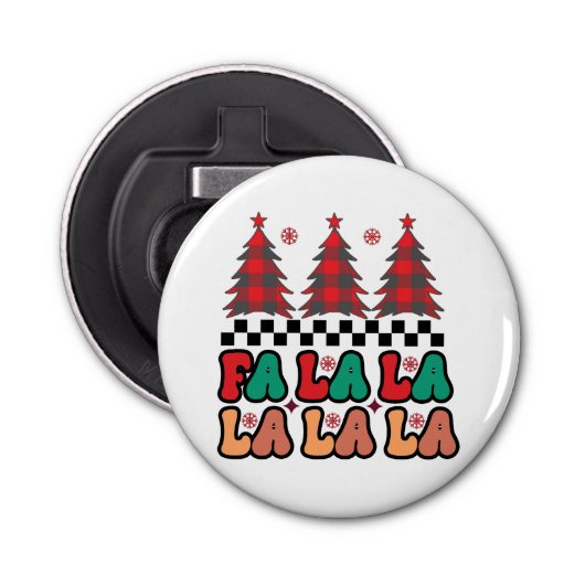 Fa la la Retro Groovy Kerst Feestdagen Button Flesopener (Voorkant)