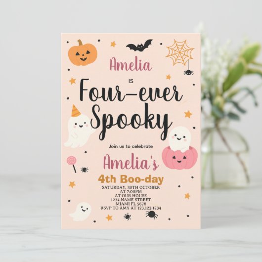 Fab-BOO-Lous Vier Kinder Halloween Verjaardag Uitn Kaart (Staand voorkant)