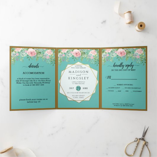 Fab Rose Floral Turquoise Mariage triple Invitatio (Intérieur)