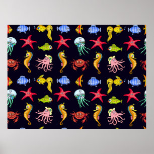 Fabulair nautisch patroon met een leuk oranje zee poster